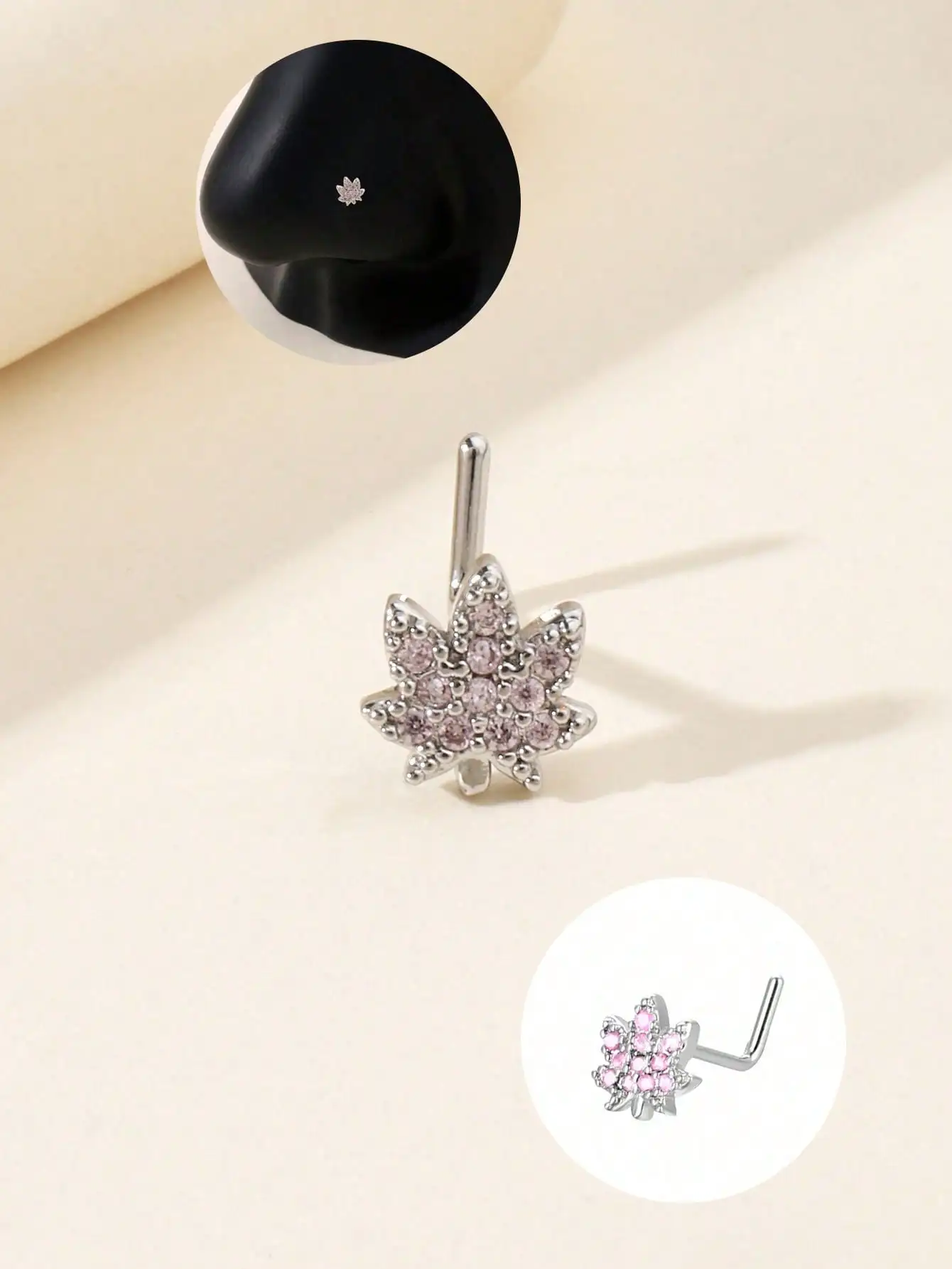L-Shape Pink Maple Leaf Nostril Piercing Ring, Delicate Nose Screw Jewelry as Valentine & Mother’s Day Present