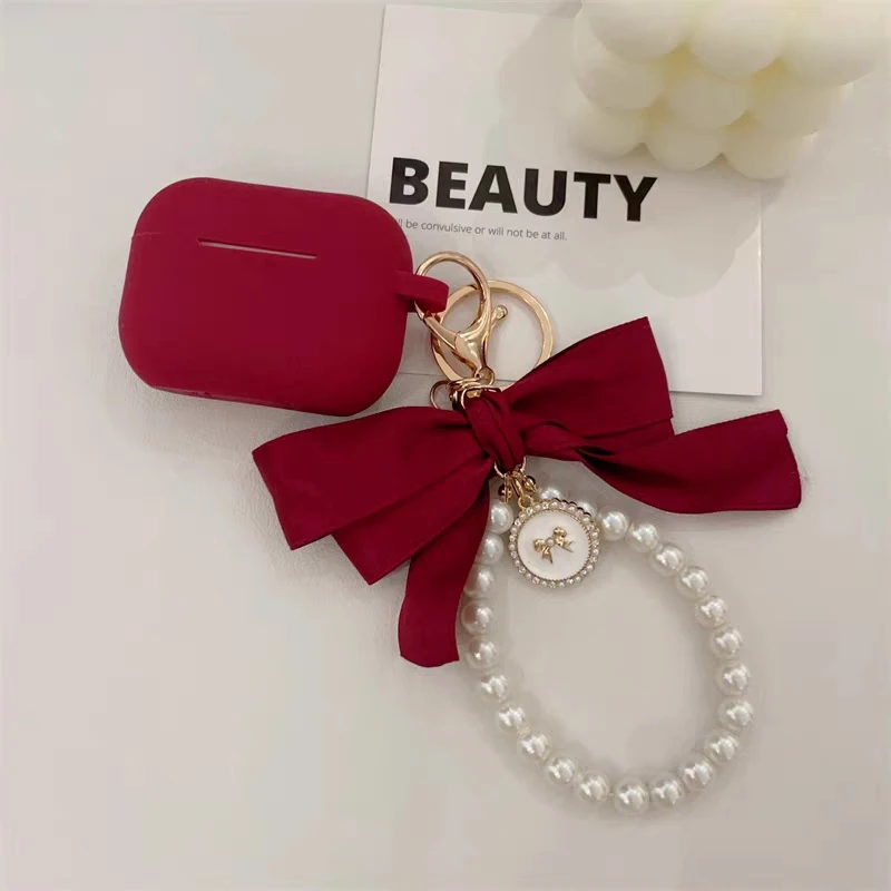 Wine Red Bow Pearl Chain For apple AirPods Pro 2 Case Wireless Silicone Earphone Case Cover For AirPods 2 3 4 Headset Box funds