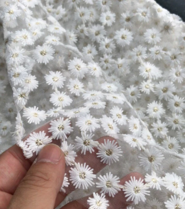 New blue and white Daisy sunflower gauze embroidery lace fabric dress veil skirt window screen background