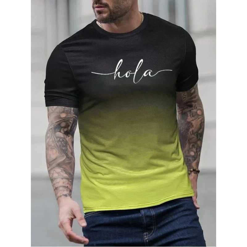 Fashion Letter Printed T Shirt For Men Contrast Gradient Harajuku Short Sleeve Tee Tops Leisure Crew Neck Men\'s Casual T-shirts