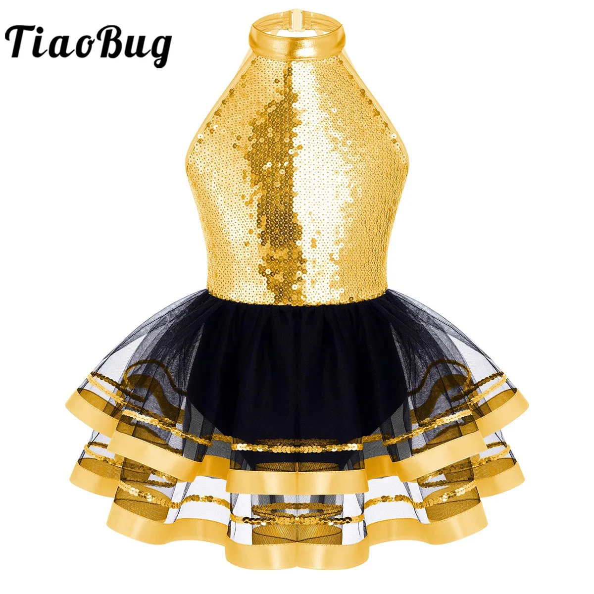 Halter Sequins Ballet Tutu Dress Kids Girls Latin Jazz Modern Dancing Costume Gymnastics Leotard Unitards Performance Dancewear