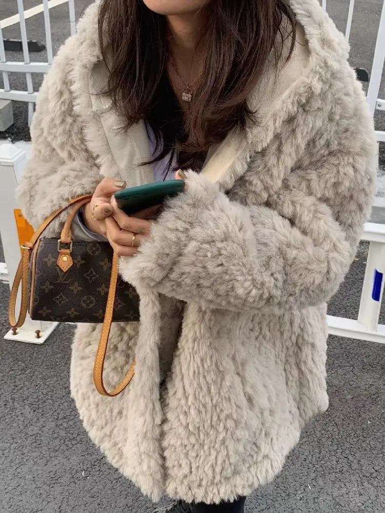 

Korea Fashion Hooded Lambswool Fur Elegant Coat Female Winter Clothes Women Fashion Coats Luxury Jacket