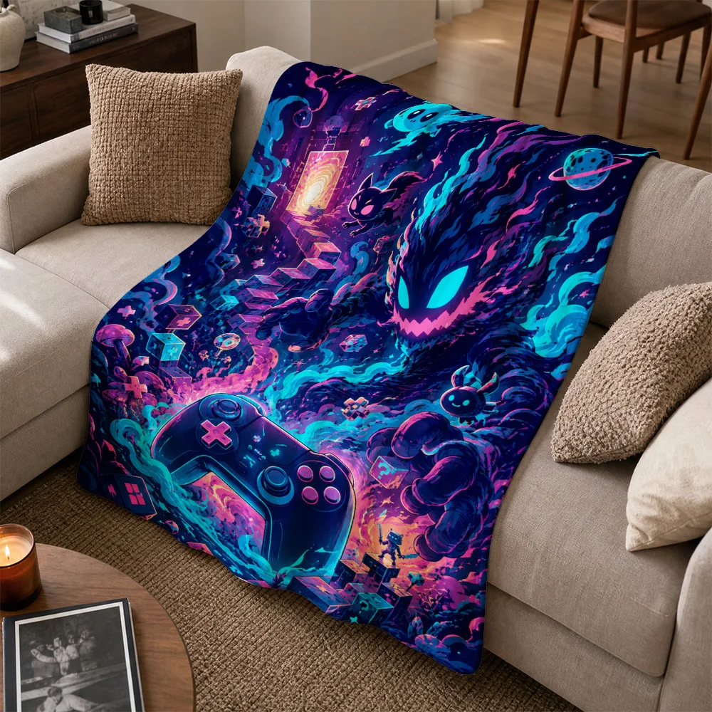 Cozy Gaming Throw Blanket for Sofa Couch Controller Pixel Art Video Game Decor Aesthetic Neon Retro Gamer Gift