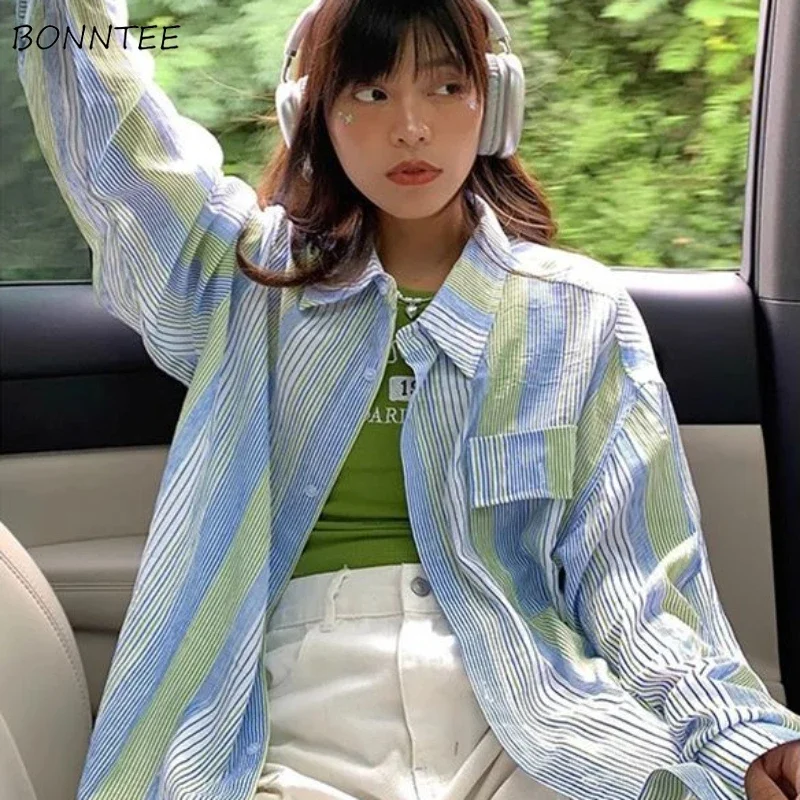 

Striped Shirts Women Long Sleeve Loose Spring Contrast Color Korean Style Leisure Commuting Students Preppy Stylish Ins Chic