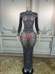 Colorful Crystals Pearls black Mesh Dress Prom Evening Sexy Transparent Multicolor Rhinestones Costum BirthdaySleeves plus size
