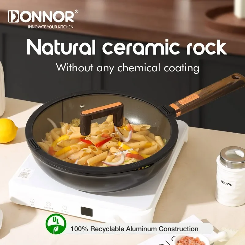 

DONNOR Non-Stick Frying Pan with Lid 20-30cm Woks Pan Wood Anti Scald Handle Steak Omelette Pan For Gas Induction Cooker Healthy