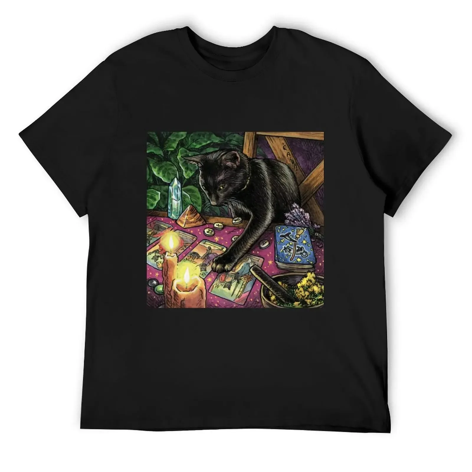 

Black Cat Reading Tarot T-Shirt plus size clothes vintage anime shirt tee shirts for men