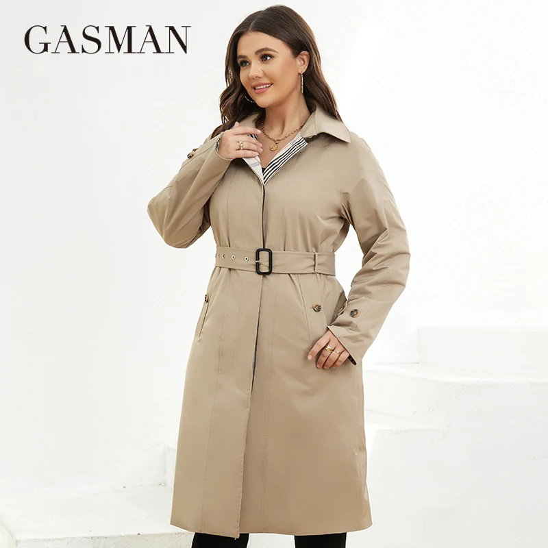 GASMAN Autumn Women\'s Trench Coat Plus Size Mid-Length Belt Hooded Jacket Women Sports Solid Color Windbreaker Parkas LW-22910