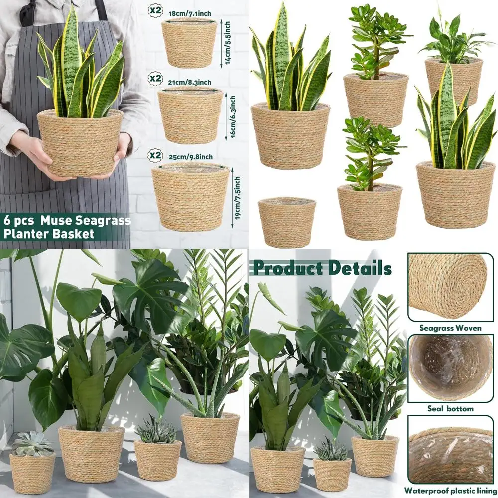 

Seagrass Planter Baskets with Plastic Liners, 10.7.8.3 Inch, Handwoven for Indoor/Outdoor Plant Storage and Decoration (Classic)