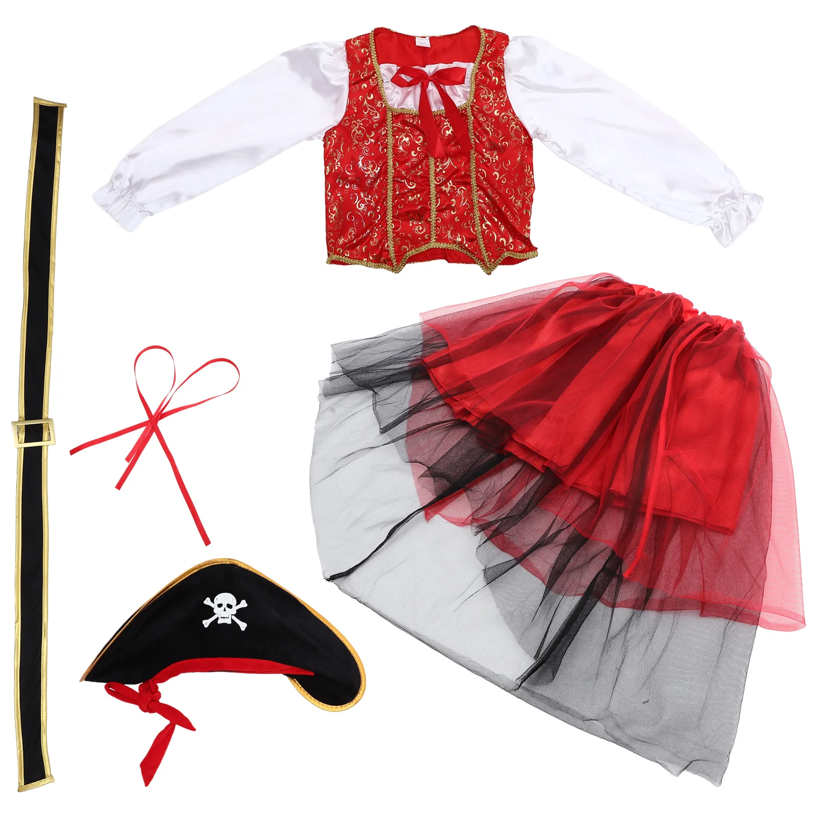 

4Pcs Kids Pirate Costume Cosplay Outfit Hat Dress Skirt Belt Classic Design Halloween Party Stage Performance Size M 105cm-115cm