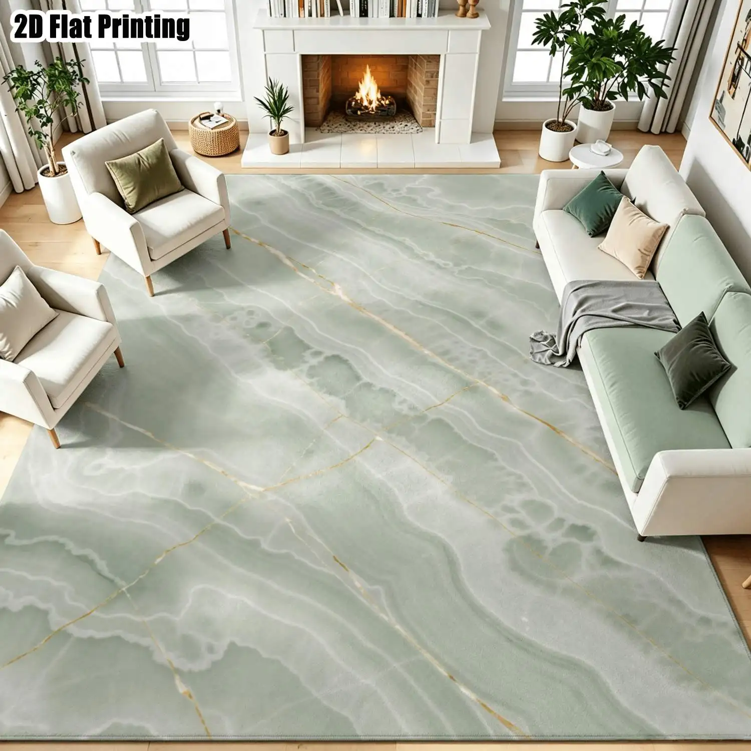 1Pc 2D Printed Carpet: Nordic-Style, Light Green Gold-Plated Pattern, Instagram-Inspired, Machine Washable, Multi-Size, Home Decor Mat for Various Settings