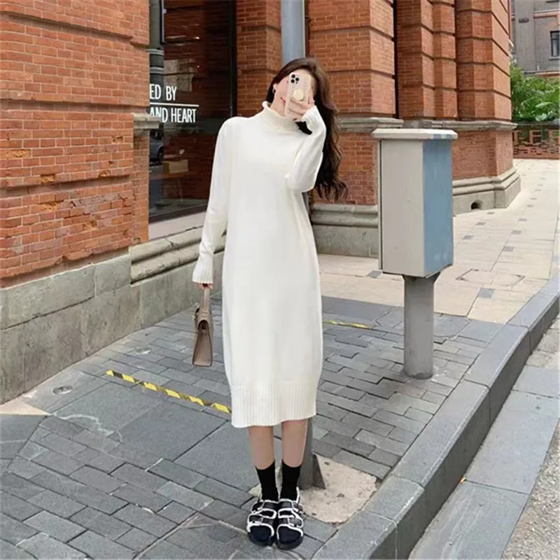 Autumn Winter Elegant Retro Women's Knitted Dress Casual Loose Solid Color Turtleneck Long Sleeved Dresses VestidosПлатьеЖенское