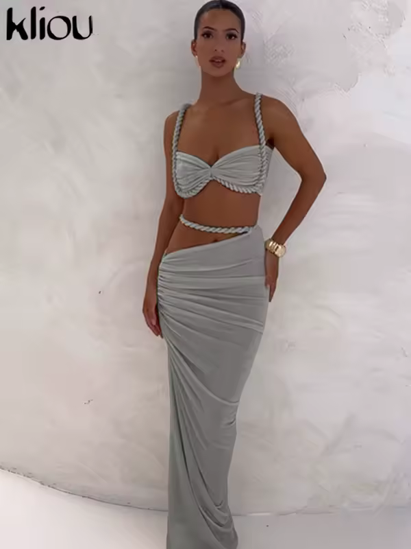 kliou Woven Sexy Women 2 Piece Set Stunning Hot Solid Pleated Crop Camisoles+High Waist Maxi Skirts Female Trend Vacation Outfit - Image 5
