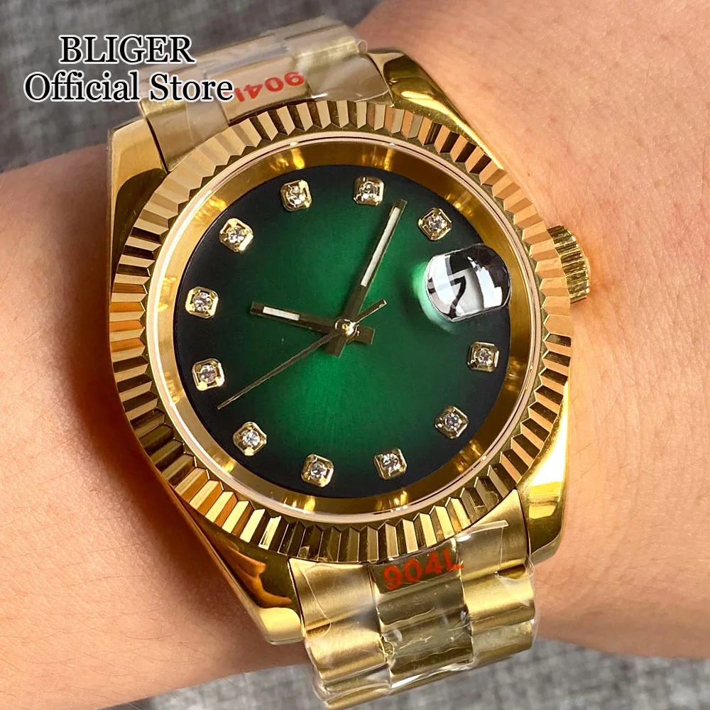 BLIGER 36mm 39mm NH35 Silver Gradient Green Dial Gold Diamond Index Automatic Watch Sapphire Crystal Polished Link Strap