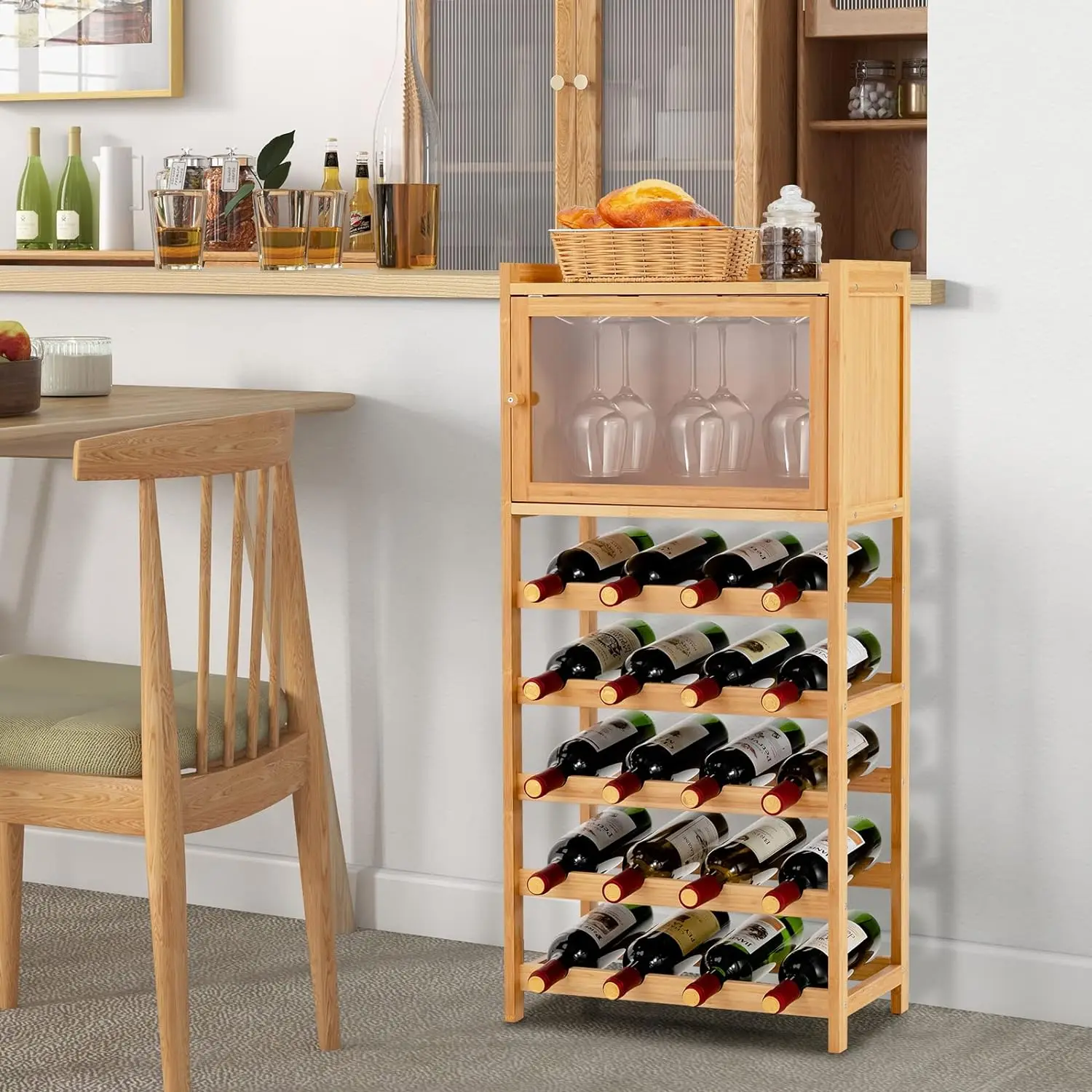 Cómoda estantería de bambú para vino, organizador independiente para botellas de vino con soporte para vidrio y mesa grande, 20 botellas