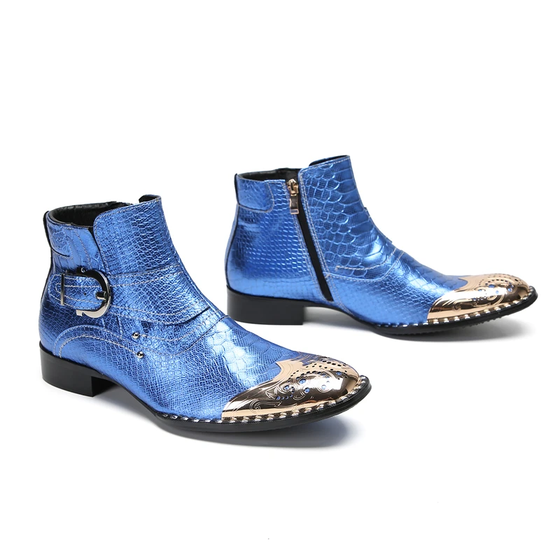 COOGERLOVE Punk Style Men Blue  Genuine Leather Boots Metal Square Toe Buckle Rivet Motorcycle Boots Winter Male Party Boots