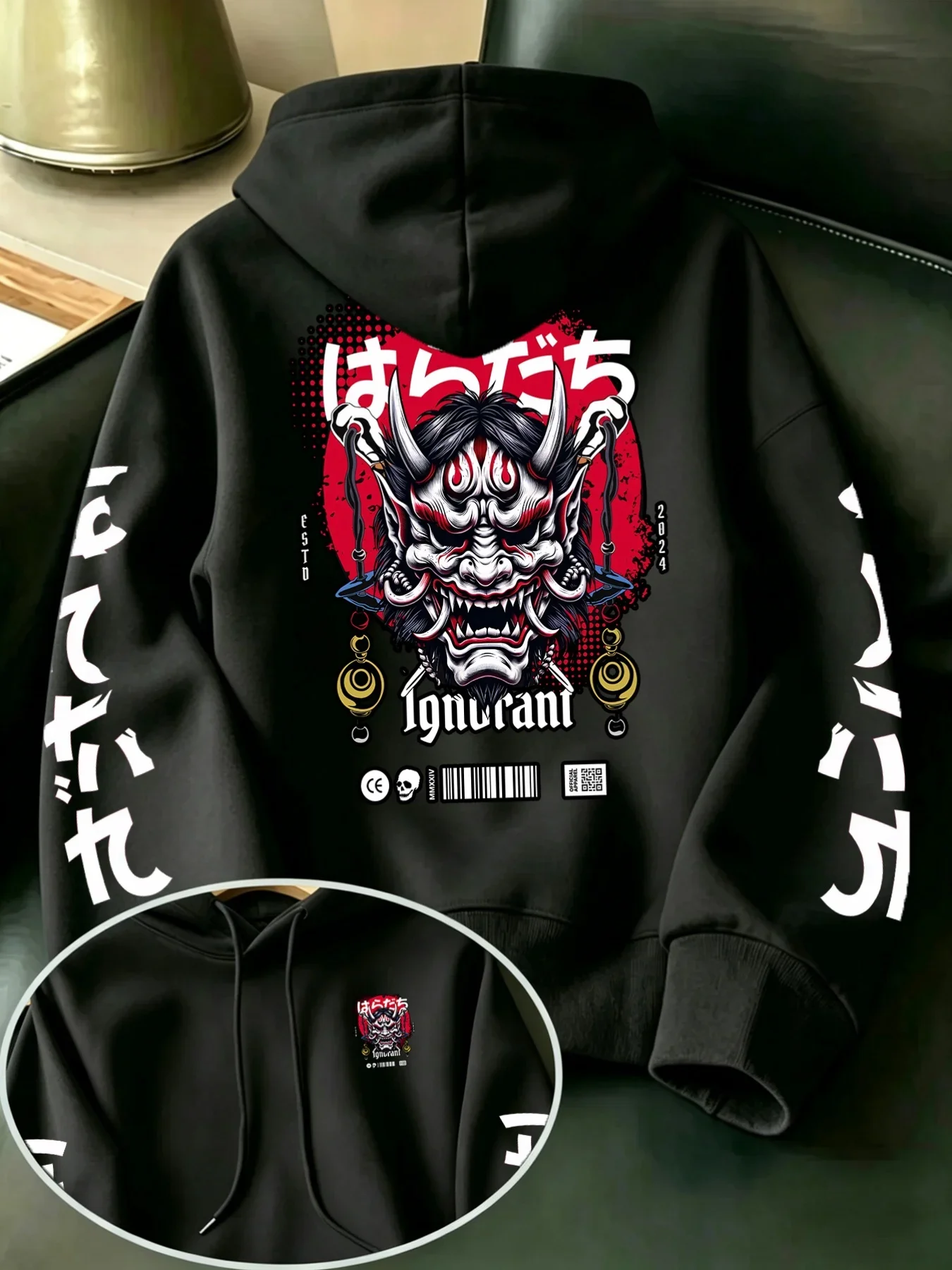Japanese Hannya Oni Mask Graphic Hoodie Back Sleeve Print Harajuku Streetwear Unisex Oversized Pullover Hoodie