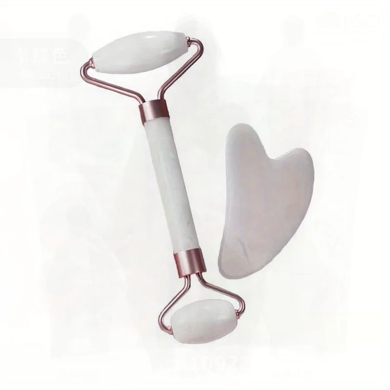 Doppelköpfiges Roller-Massagegerät-Set aus Rosenquarz, Gesichtsschönheitsbrett, manueller Stick für Gesichtsformung und Abnehmen, Rosa, Grün, Schwarz