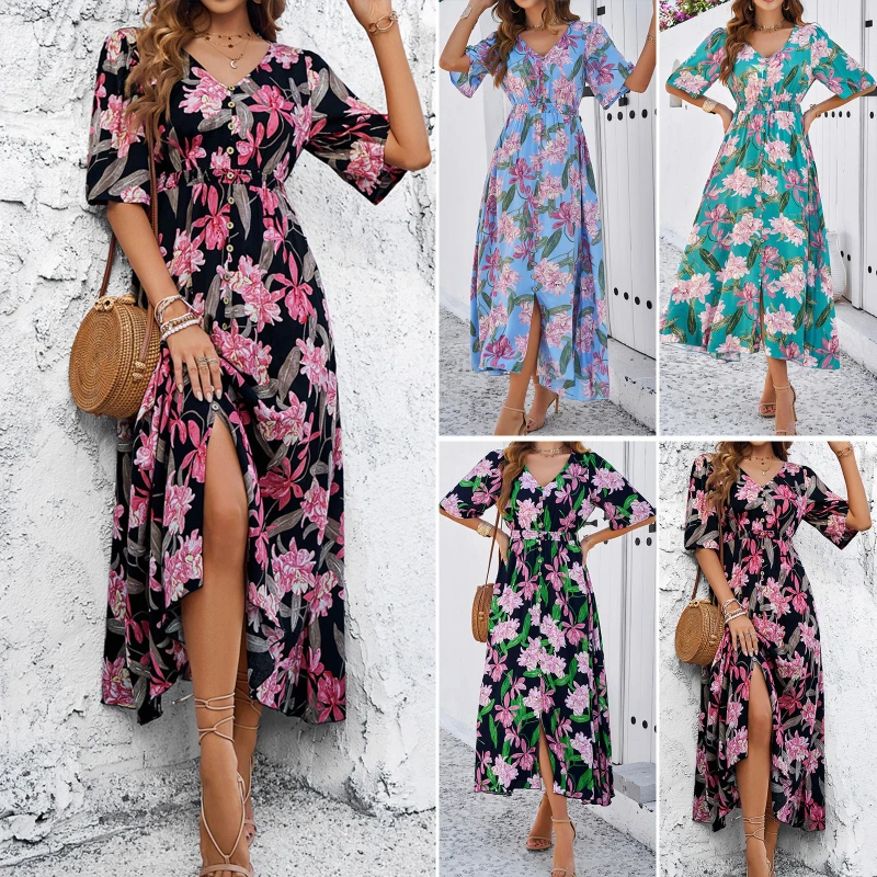 2024 Women Beach Dress New V-neck Print Cover-Ups Short Sleeve Clothing Summer Outdoor Push Up High Waist Bathing Suits Swimwear