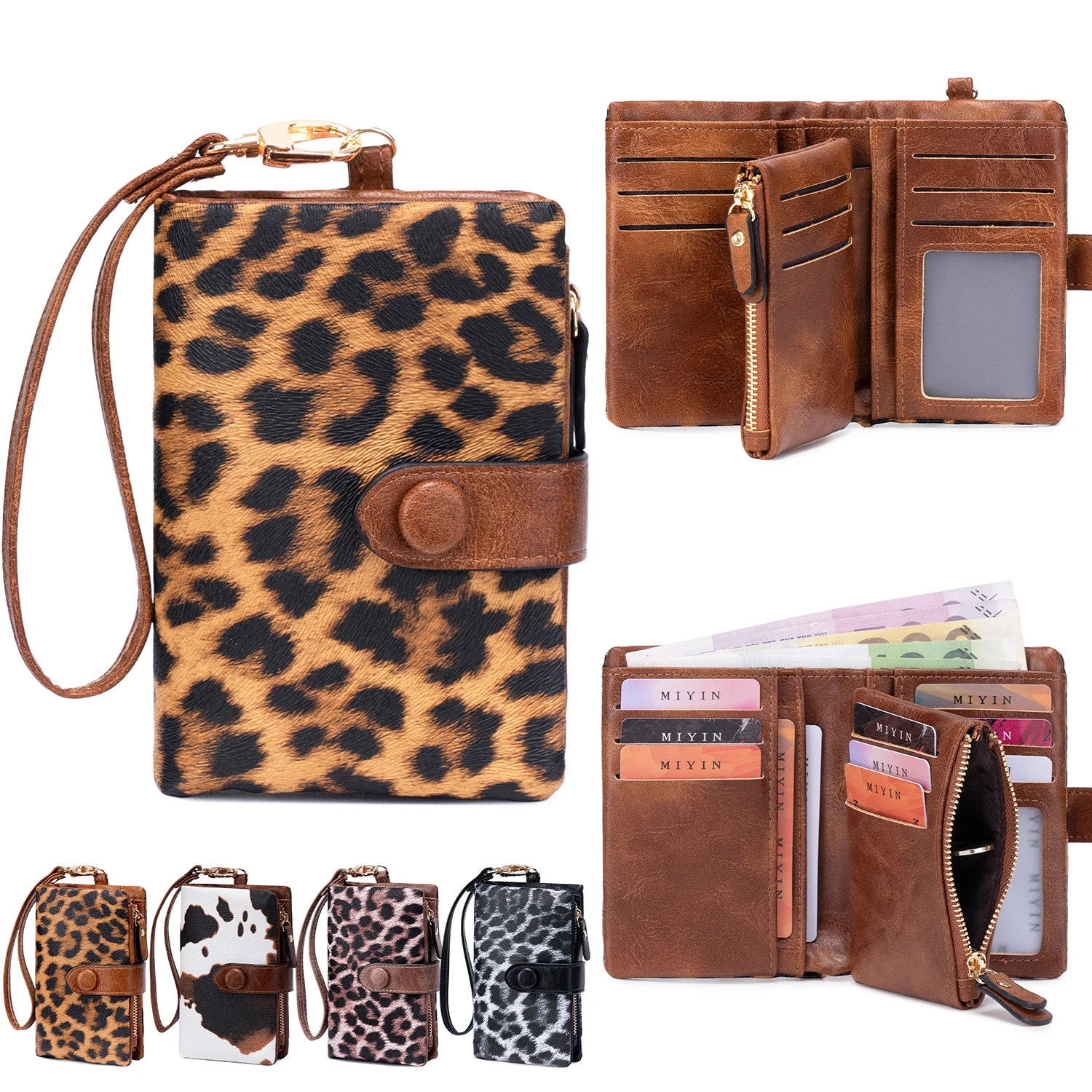 Fashionable vintage Leopard Print Women's Wallets PU Leather Zipper Wallet Multi Functional Card Holder Handbag with Wrist Strap