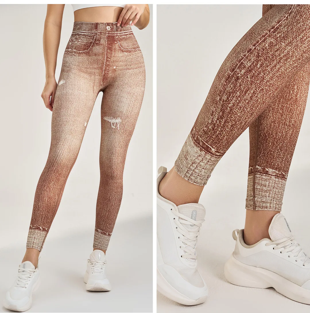 Mulheres falso jeans leggings ginásio calças de treino de fitness calças de yoga scrunch treinamento esportivo ao ar livre collants cintura alta roupas esportivas