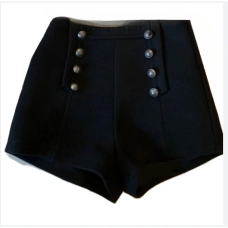 شورت نسائي عتيق من الصوف المتعرج عالي الخصر على شكل حرف a للتخسيس مزدوج الصدر خارج جودة عالية مستوى المظهر العالي #1