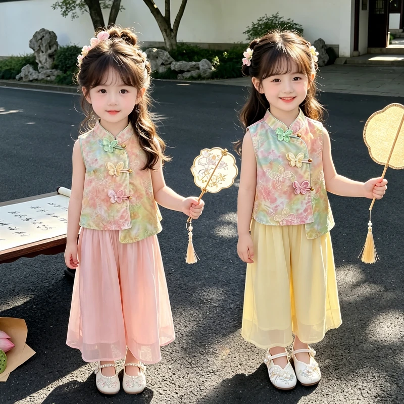 Children's Girls Summer 2-piece Set New Chinese Jacquard Sleeveless Top Wide Leg Pants Set Retro Hanfu Preschool Girls 2 Colors
