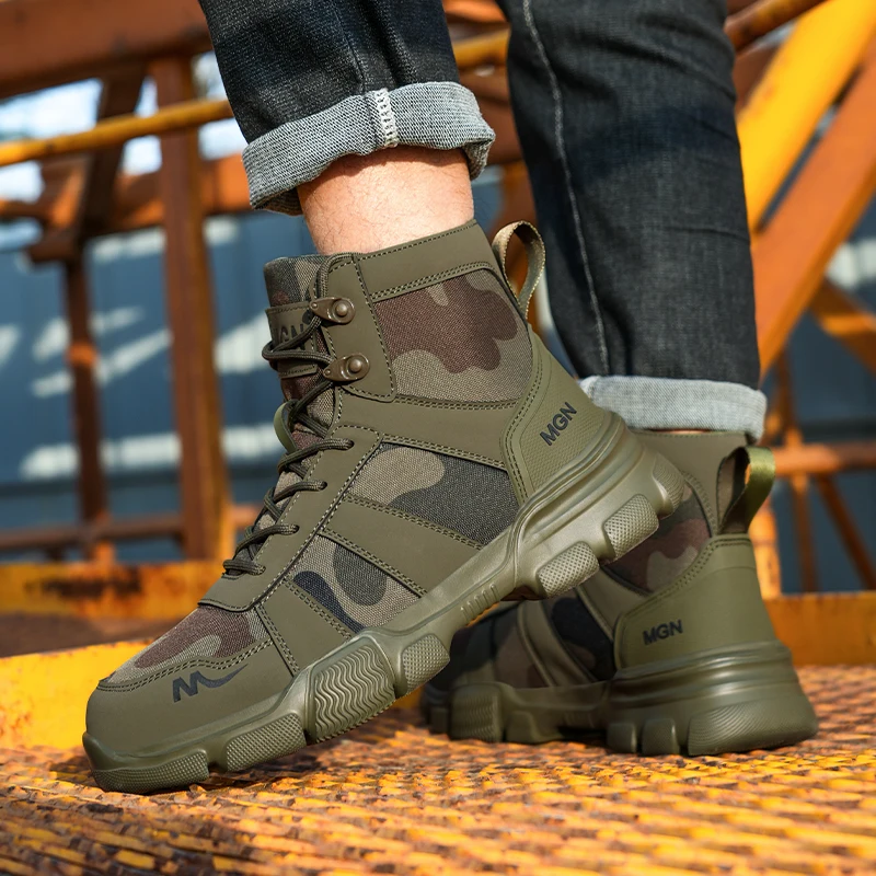 Fashion Safety Boots Men Steel Toe Work Shoes High Top Safety Anti-slip Boots Male Anti-smash  Protective Footwear Anti shock