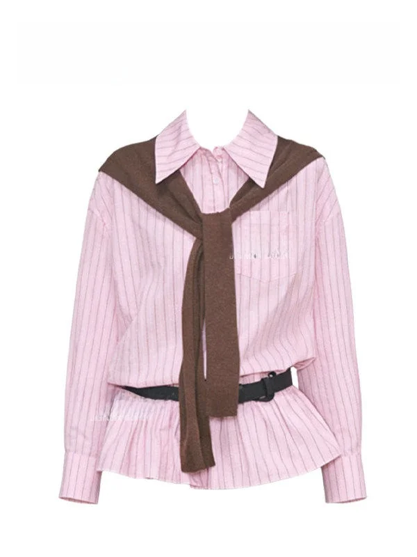 

College Style Two-Piece Set Women's Striped Waist-Cinching Shirt Dress with Shawl Commute Fashion Youthful Korean Long Sleeve