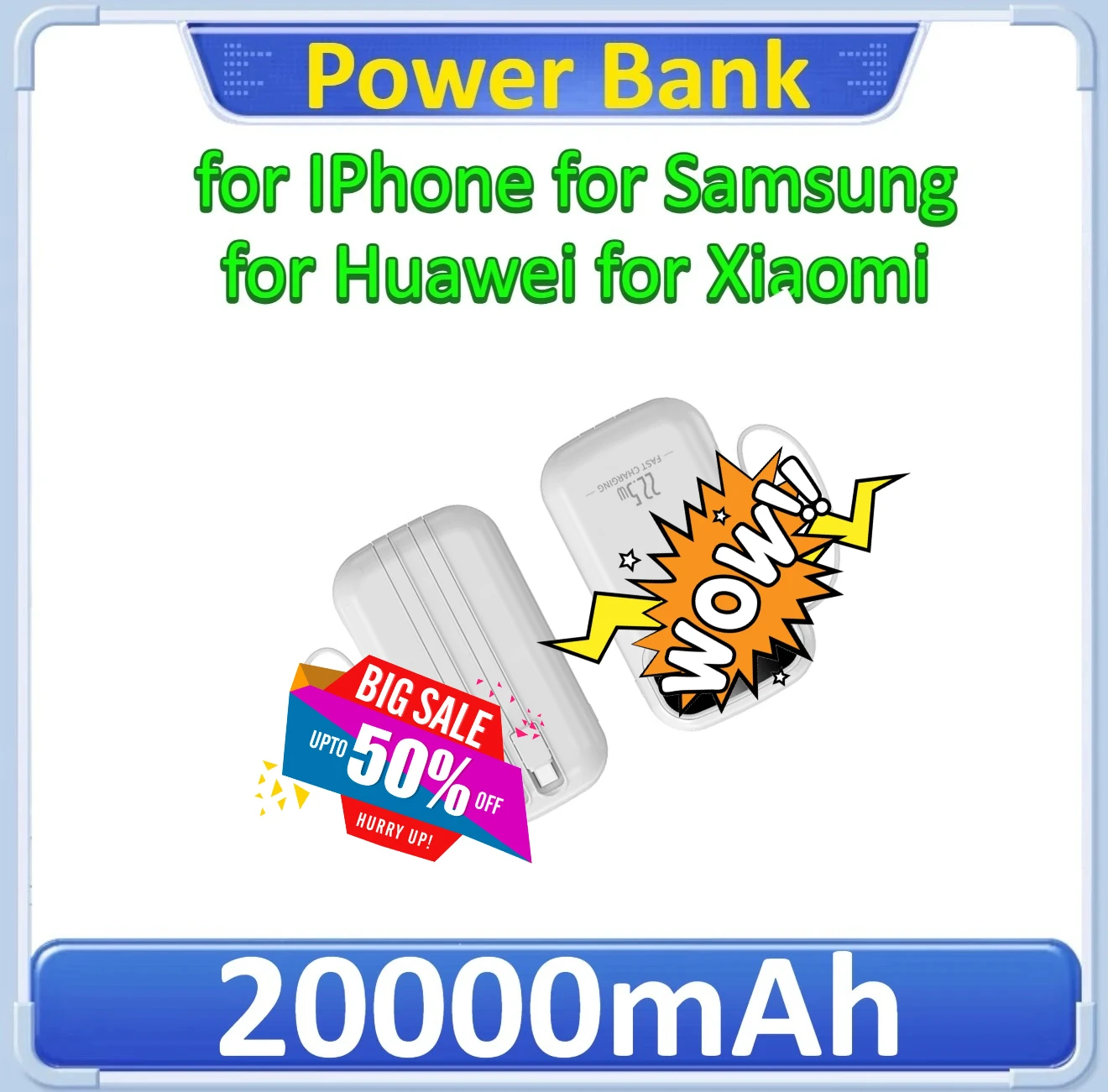 

Built-in Cable Power Bank Portable Charger Ultra Slim for IPhone for Samsung for Xiaomi 22.5W Fast Charging 20000mAh