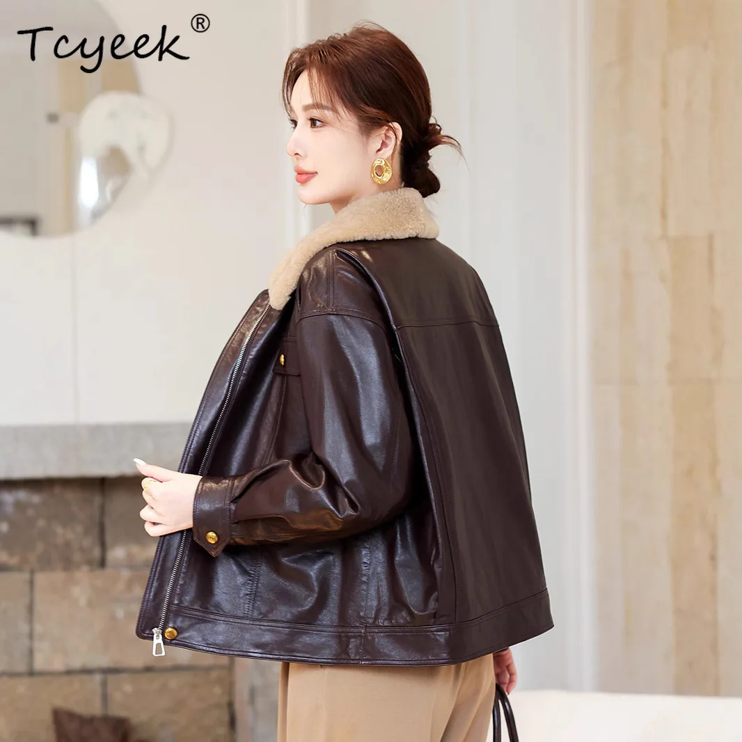 Tcyeek سترة جلدية أصلية للنساء ملابس شتوية معطف من جلد الغنم الحقيقي امرأة بيضاء أوزة أسفل معاطف نسائية الصوف الفراء طوق