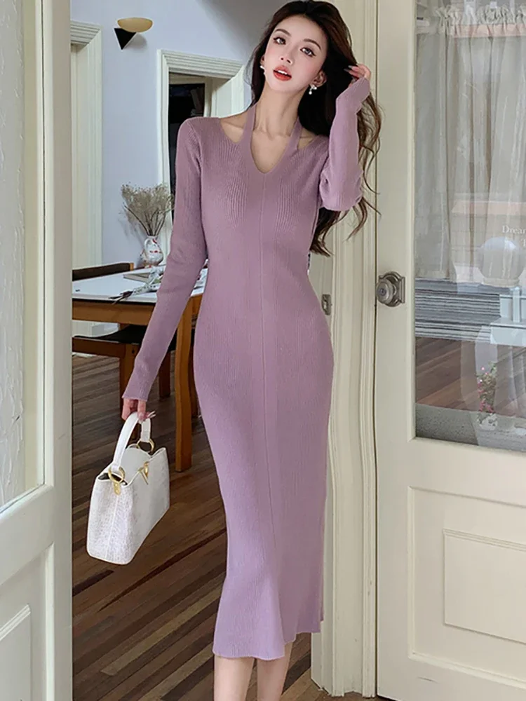 Women Purple Knitted Long Sleeve Hollow Out V-Neck Sexy Dress Autumn Winter Elegant Casual Sweater Dress 2024 Korean Party Dress