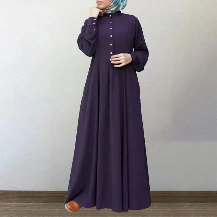 Dubai Turquía Islam Kaftan ropa Abaya musulmana Retro Color sólido vestido con cuello redondo Dubai musulmán pulóver Casual Europa América vestido