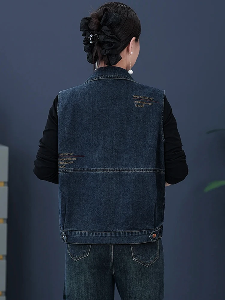 Faionable Svel  Collar Denim Vest Women's Spring Autumn New Sle Youthful  Collar Jeans Vest Outerwear