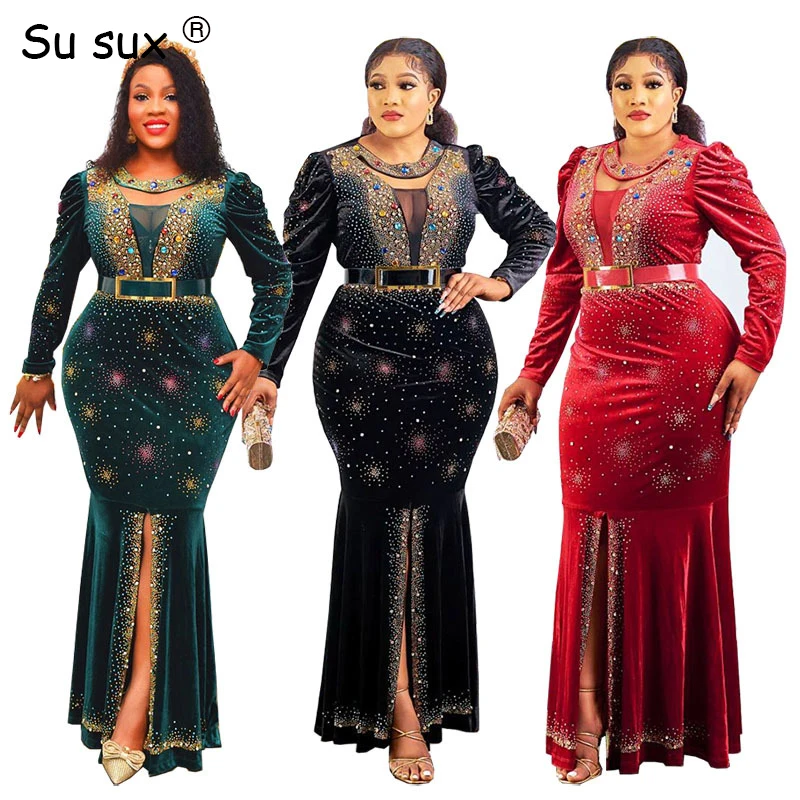 

African Party Dresses For Women 2023 New Elegant Beading Velvet Fishtail Maxi Dress African Clothes Robe Africaine Femme