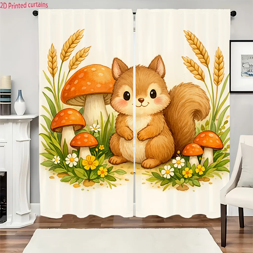 Cute Cartoon Squirrel Mushroom Floral Rod Pocket Light Filtering Curtains 2 Panel Nature Drapes for Living Room Bedroom Decor