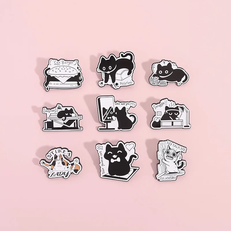 Cute Cartoon No Talk Me I'M Angry Your Favourite Cat Enamel Brooch Struggle Burger Lazy Cat Lapel Pin Badge Gift For Kid Friend