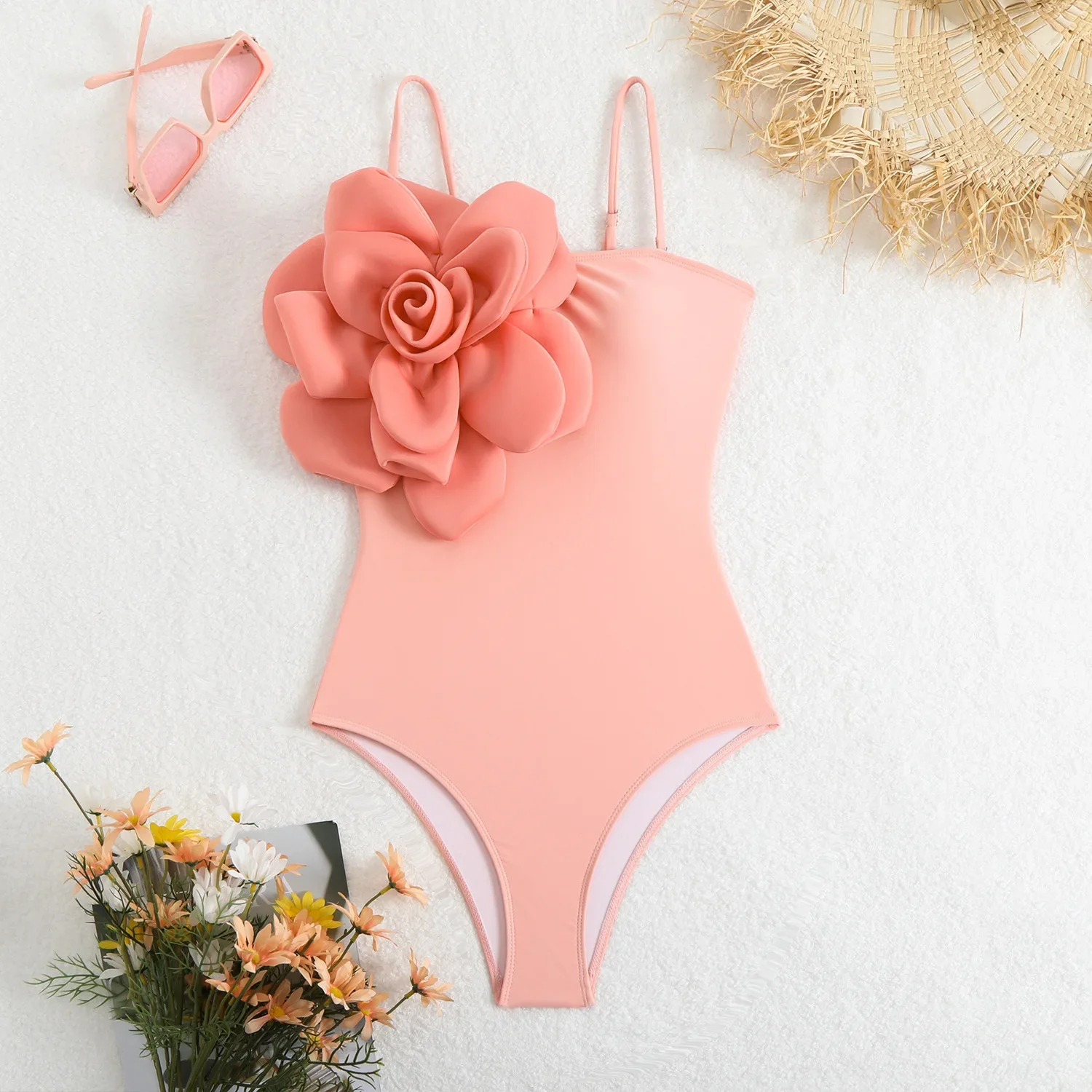 

3D Flower One Piece Swimsuit 2025 New Peachy Pink Smocked Swimwear Women Bathing Suit Monokini Padded Bodysuit Swimming Suits