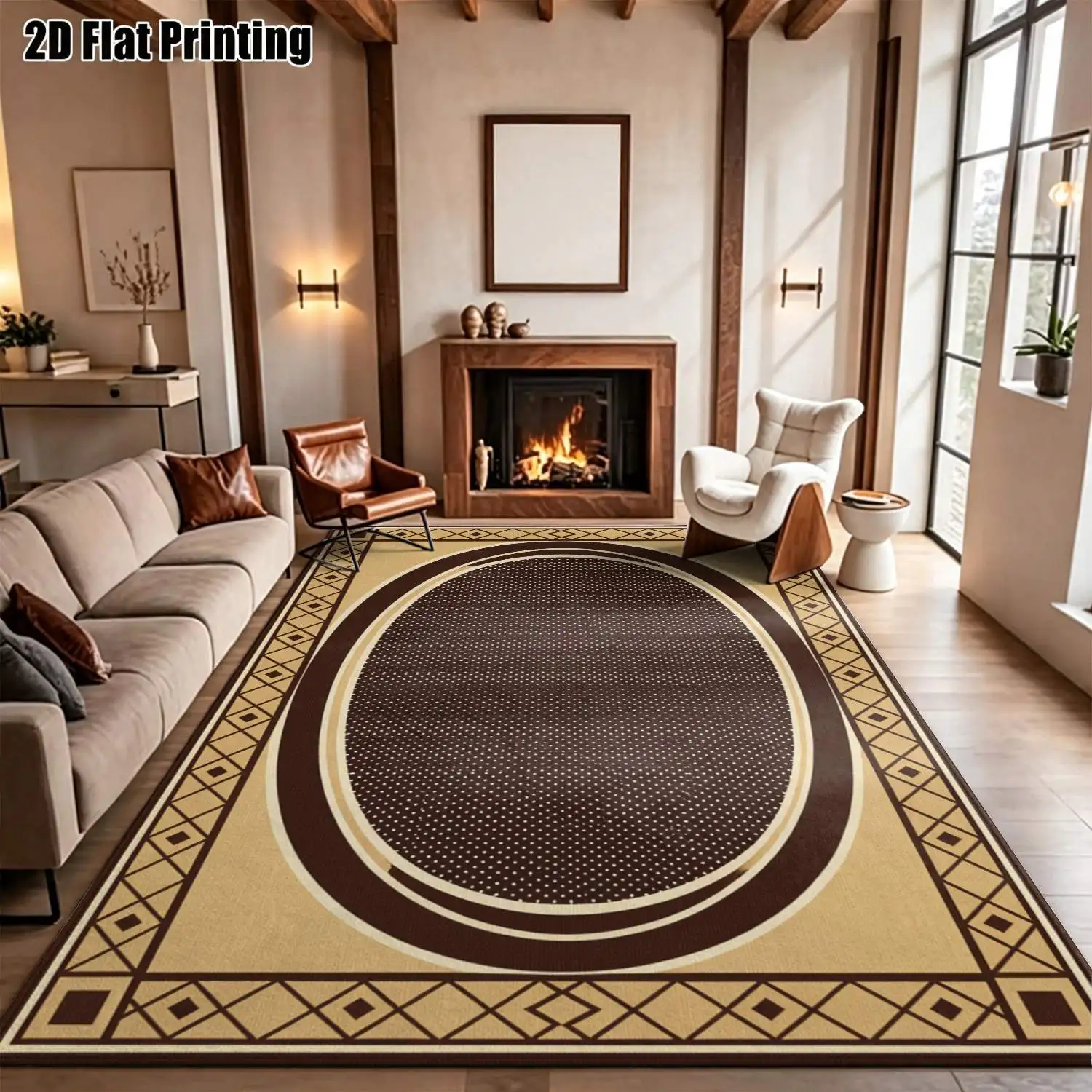 1Pc 2D Printed Carpet: Brown-Yellow Geometric Elliptical Pattern, European Vintage Style, Suitable for Home Decor, Multiple Sizes, Machine Washable, Ideal for Entrance, Dining Room, Foyer, Bedroom, Living Room