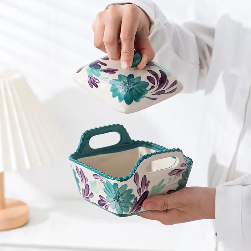 Ceramic covered bowl hand-painted candy snack storage with lid bead point baking bowl rice bowl