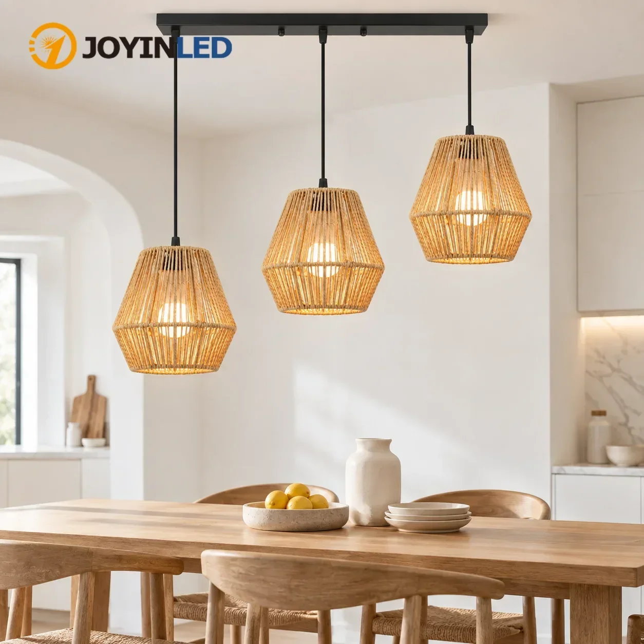 JOYINLED 3-Light Rattan Pendant Light Hand Woven Hemp Rope Boho Chandelier E27 E26 for Kitchen Island Dining Room Farmhouse