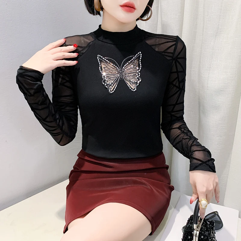 New 2026 Spring European Street Long Sleeve Round Neck Tops Fashionable Hollow Lace Hot Diamond Women Mesh T-Shirt Black Red Tee