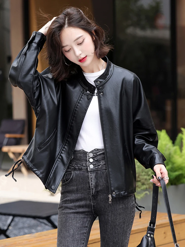   Ning 本革ジャケット女性用韓国版 2025 新作春秋エレガンスカジュアルルーズシープスキンコート