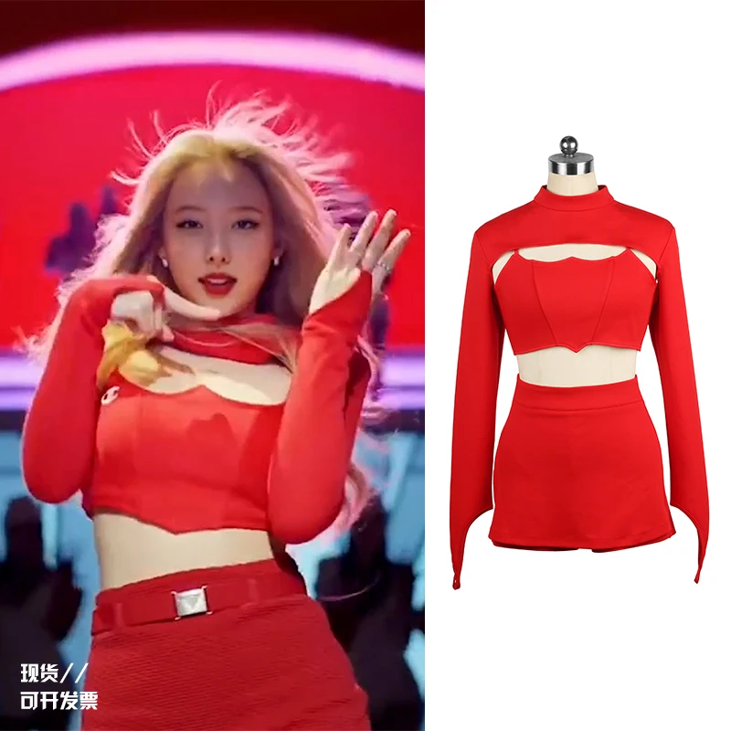 Kpop TWICE Lim Na Yeon Outfit Jazz Dance Red Tops Cropped Long Sleeve Hoodies Sexy Slim Mini Skirts Women Outfits