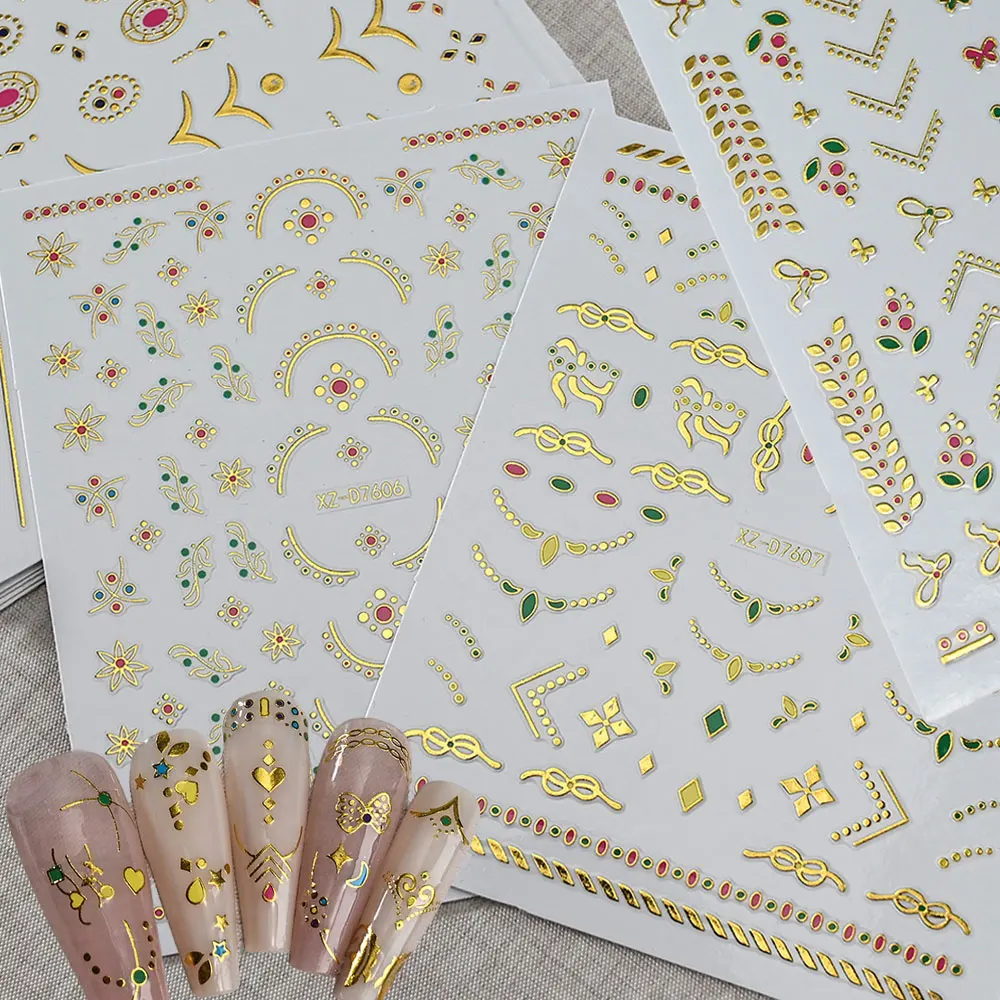 Pegatinas de uñas de rayas francesas doradas bronceadas en 3D, pegatinas de flores Retro rojas y verdes para decoración de uñas con líneas geométricas francesas F & 87