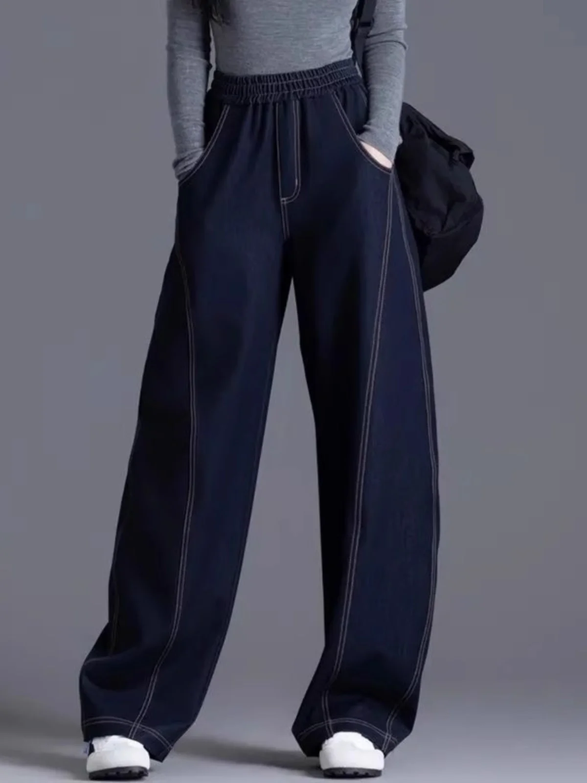 

Весенне-осенние женские повседневные брюки с эластичной резинкой на талии, свободные широкие брюки-бананы с косой, длинные брюки с высокой талией для поездок на работу, модные