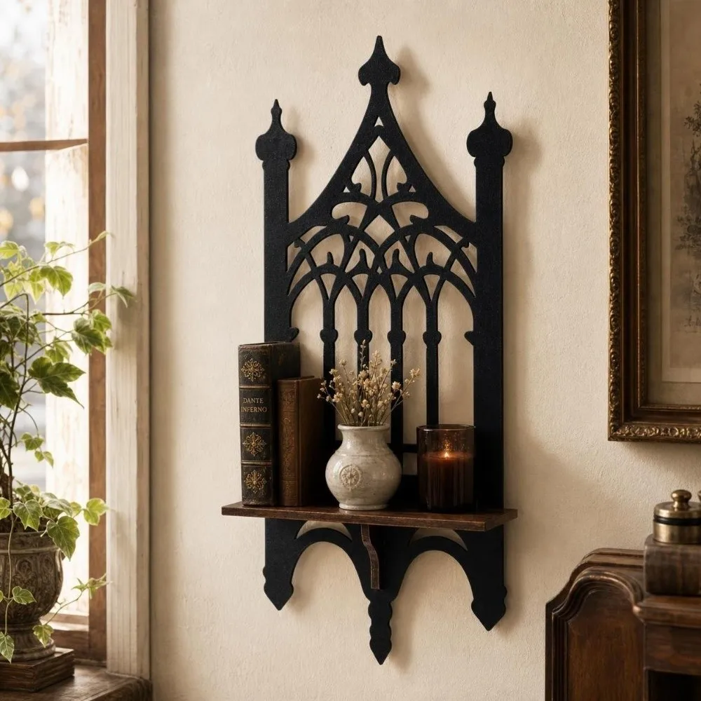 Wooden Wall Storage Shelf Hollow Out Gothic Style Wall Hanging Decor Vintage Design Church Shape Floating Shelves Bedroom