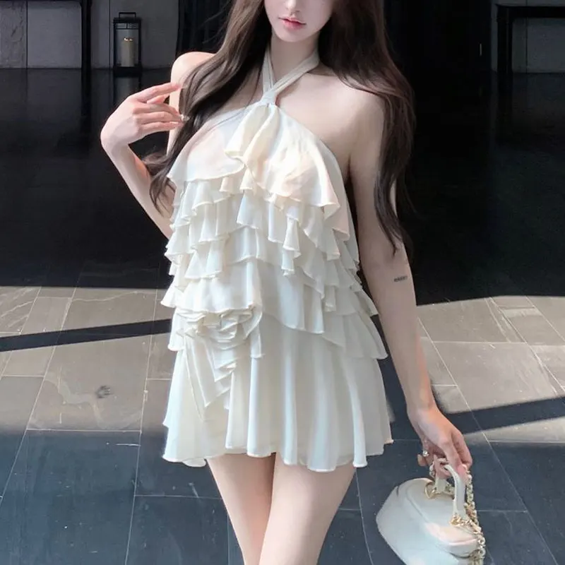 Aura Halter Off Shoulder Cupcake Mini Dress Summer Sleeveless Female Clothing Solid Color Fashionable Ruffles Spliced Dresses