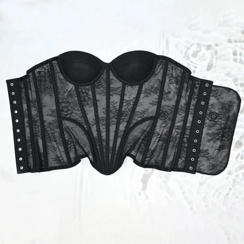 Women Mesh Corset Busiter Overbust Cups Push Breast Floral Lace Bodice Sext Tansparent Strapless Crop Tops Lace Up Steel Boned view 5