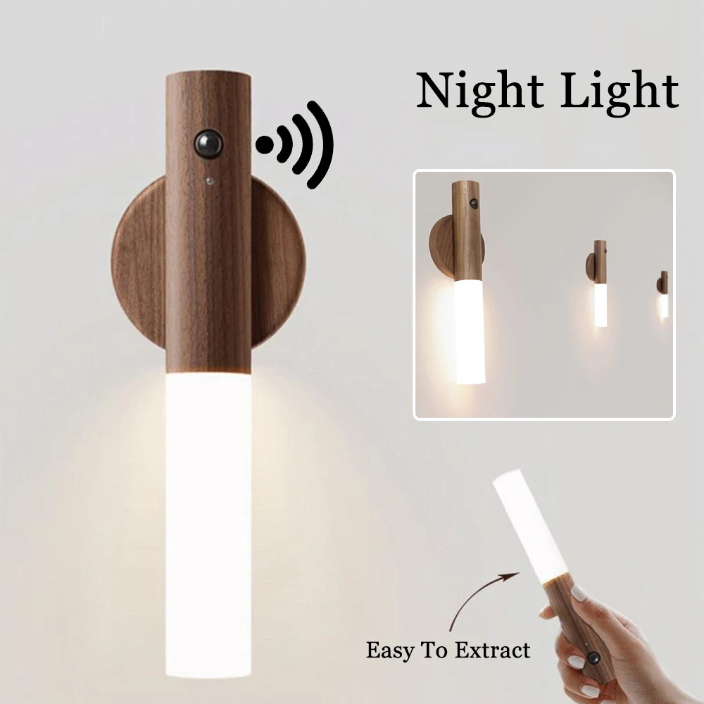 Luz Nocturna inalámbrica de madera magnética con Sensor de movimiento PIR, luces LED con USB para pasillo y porche, lámpara de pared para armario